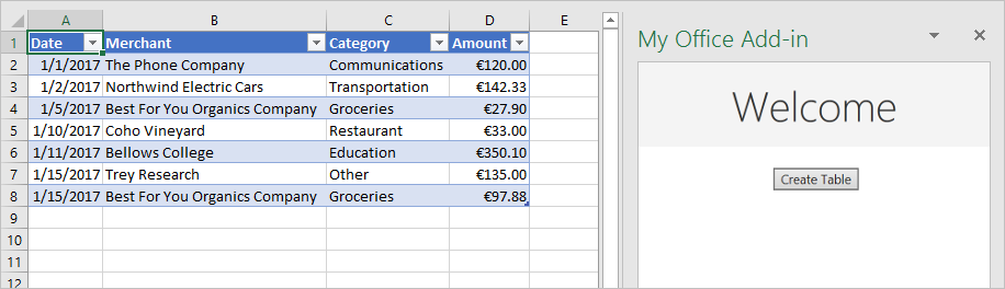 Screenshot of Excel, displaying an add-in task pane with a Create Table button, and a table in the worksheet populated with Date, Merchant, Category, and Amount data.