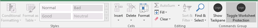 Screenshot of the Excel ribbon with the Toggle Worksheet Protection button highlighted and enabled. Most other buttons appear gray and disabled.