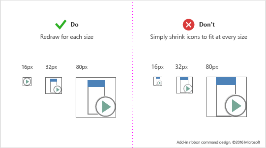 Illustration of the recommendation to redraw icons per size rather than shrink icons. For example, you may need to use fewer elements in a small icon rather than just scaling down a bigger image.