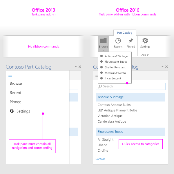 Screenshot comparing a task pane add-in in Office 2013 and the same add-in using add-in commands in Office 2016. In the 2013 version, the task pane must contain all commands, while in the 2016 version, commands can be in the ribbon.