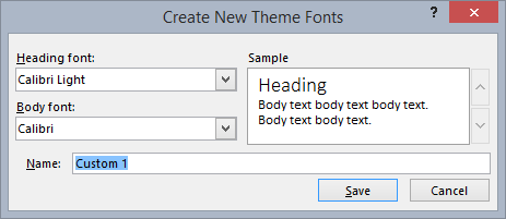 Create new theme fonts dialog box.