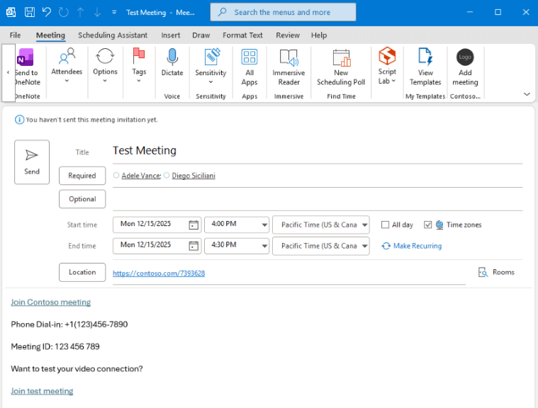 The create-meeting screen in classic Outlook on Windows.