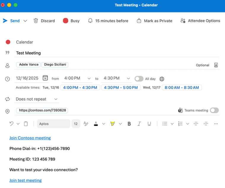The create-meeting screen in Outlook on Mac.