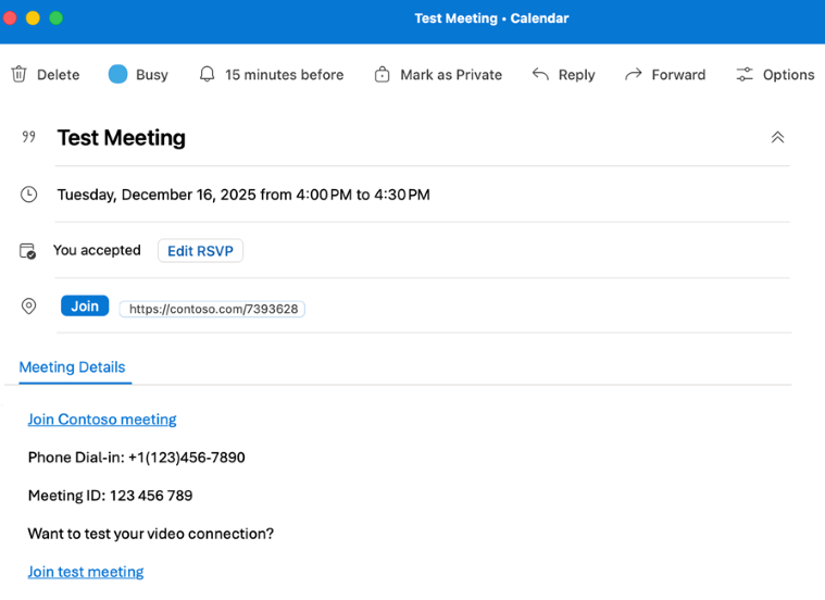 The join-meeting screen in Outlook on Mac.