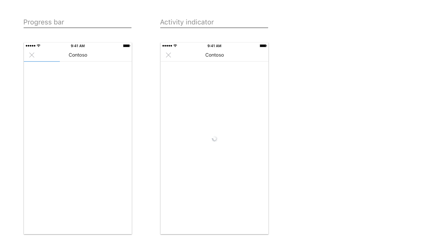 Examples of a progress bar and an activity indicator on iOS.