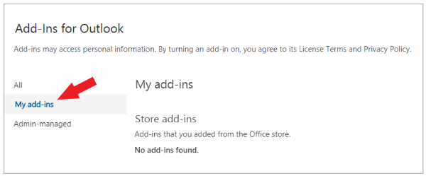 Add-ins for Outlook dialog box in the new Outlook on the web with My add-ins selected.
