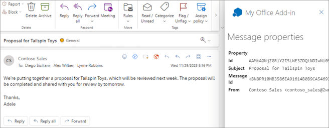The add-in's task pane in Outlook on the web displaying message properties.