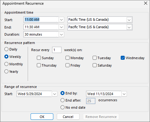 A sample Appointment Recurrence dialog in Outlook.