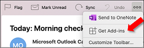 Outlook on Mac pointing to the Get Add-ins button from the ellipsis button.