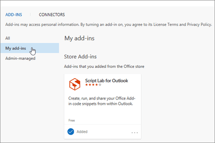 Outlook on the web add-ins dialog with My add-ins selected.