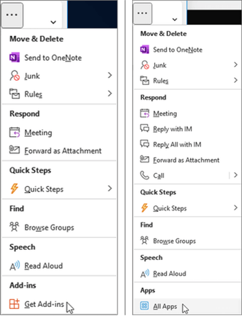 The Get Add-ins or All Apps option is selected from the ellipsis button in Outlook on Windows.