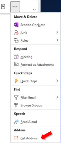 Outlook on Windows pointing to the Get Add-ins button from the ellipsis button.