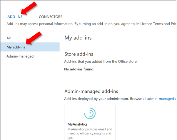 Outlook on the web store dialog with My add-ins selected.