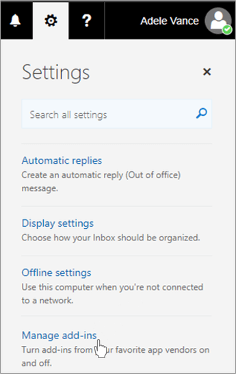The Manage add-ins option is selected in classic Outlook on the web.
