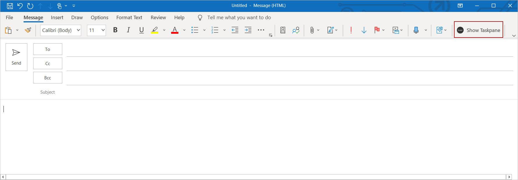 Screenshot showing highlighted add-in ribbon button in Outlook compose message window.