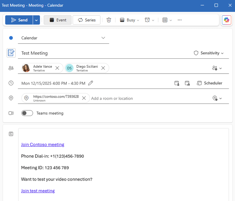 The create-meeting screen in Outlook on the web and the new Outlook on Windows.