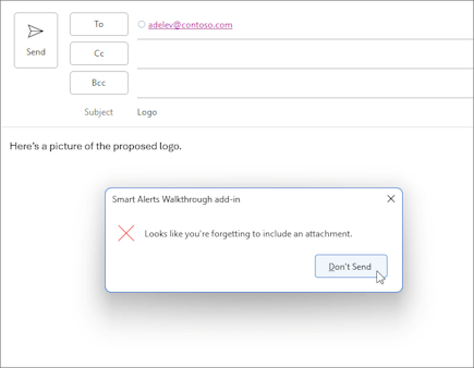 Dialog recommending that the user include an attachment.