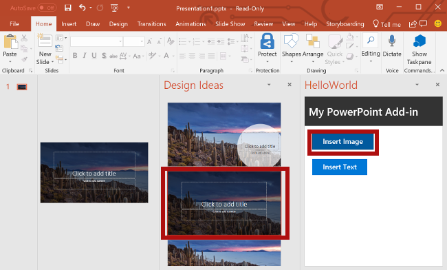 The selected PowerPoint title slide and the Insert Image button highlighted in the add-in.