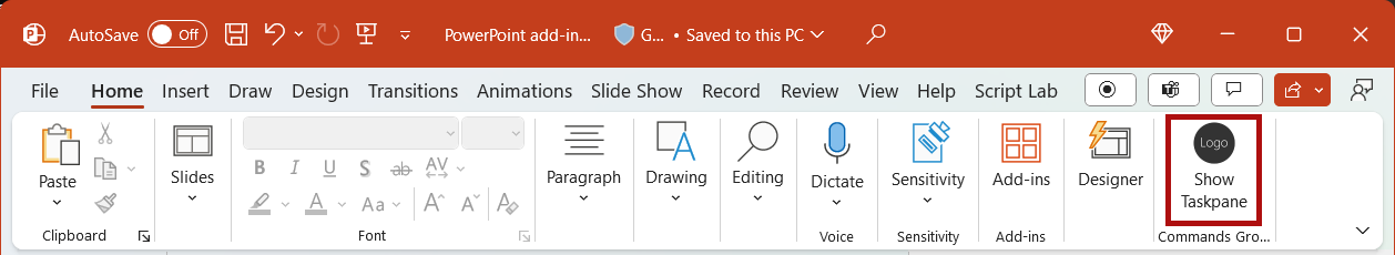 The Show Taskpane button highlighted on the Home ribbon in PowerPoint.