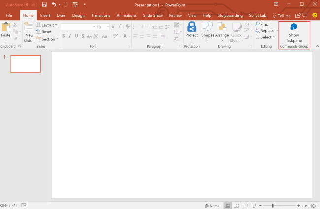 Screenshot of PowerPoint with the Show Taskpane ribbon button highlighted.