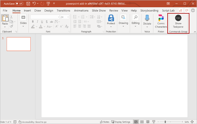 Screenshot of PowerPoint with the Show Taskpane button highlighted.