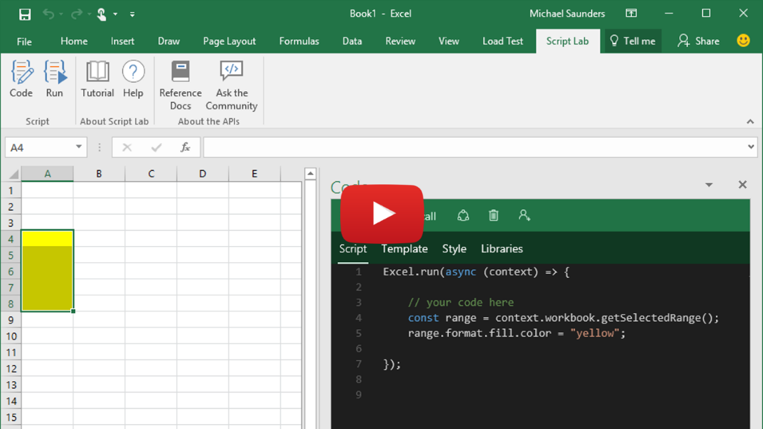 Preview video showing Script Lab running in Excel, Word, and PowerPoint.