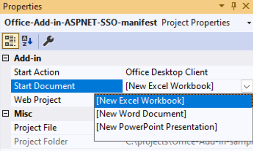Choose the desired Office client application: Excel, PowerPoint, or Word.