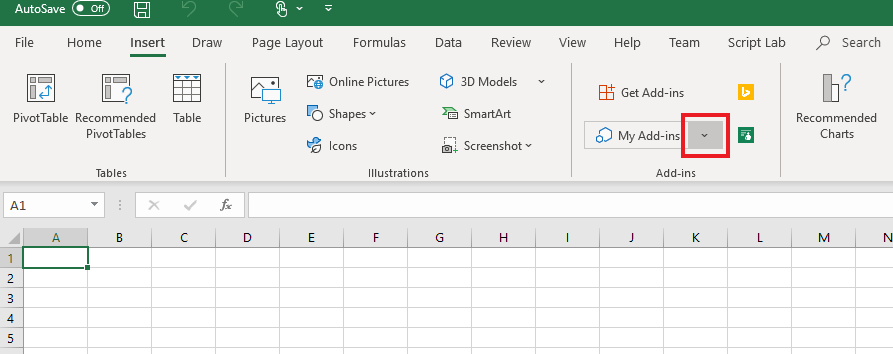 Screenshot of the Insert ribbon in Excel on Windows, with the My Add-ins down-arrow highlighted.