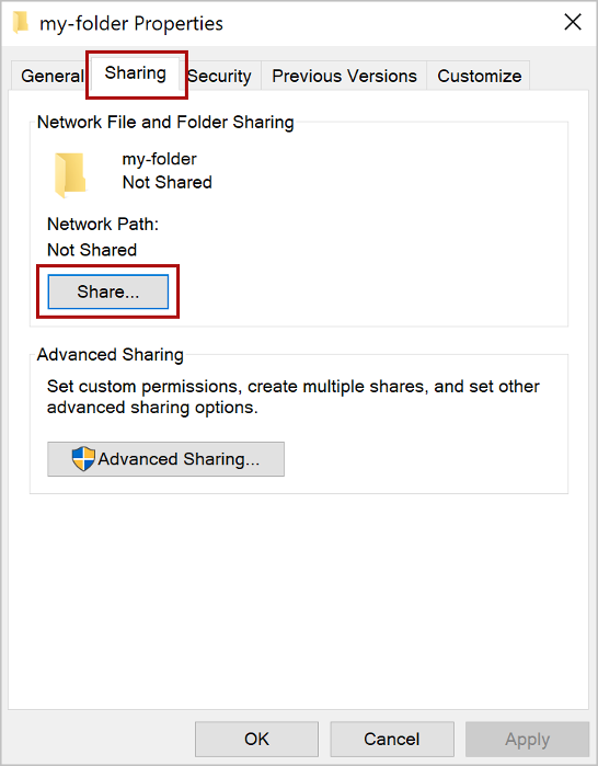 Folder Properties dialog with the Sharing tab and Share button highlighted.