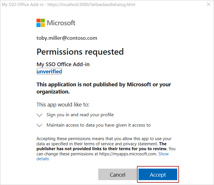 Screenshot showing permissions requested dialog with Accept button highlighted.