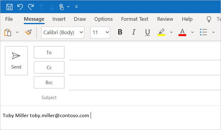 The user profile information in Outlook compose message window.