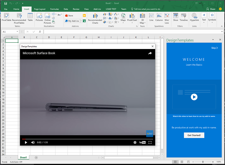 A video playing in an add-in dialog box in front of Excel.