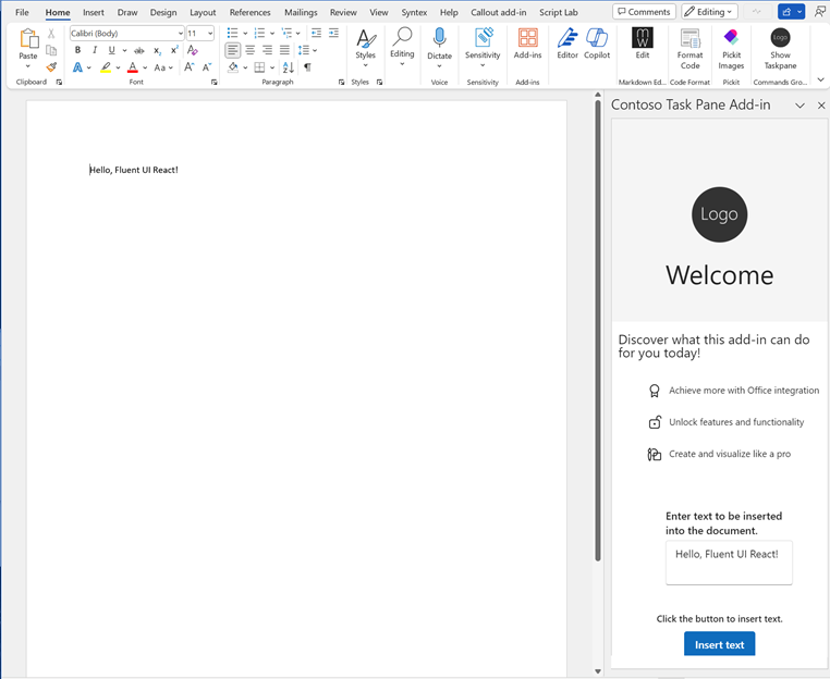Custom text inserted into the document after selecting the Insert button from the add-in task pane.