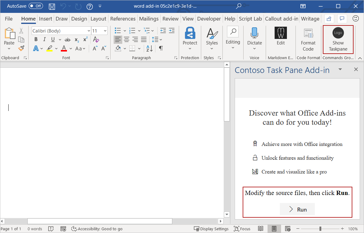 Screenshot showing the Word application with the Show Taskpane ribbon button highlighted and the Run button and immediately preceding text highlighted in the task pane.