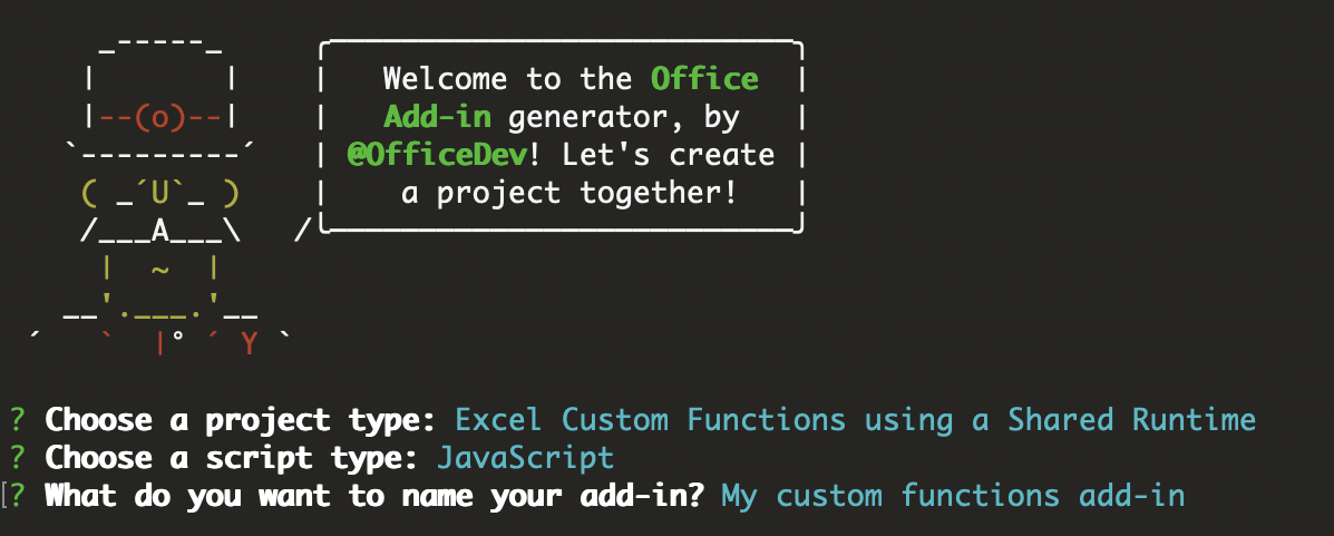 Screenshot of the Yeoman Office Add-in generator command line interface prompts for custom functions projects.