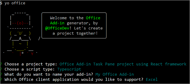 The Yeoman Office Add-in generator command line interface, with project type set to the React framework.
