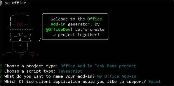 Screenshot of the Yeoman Office Add-in generator command line interface.