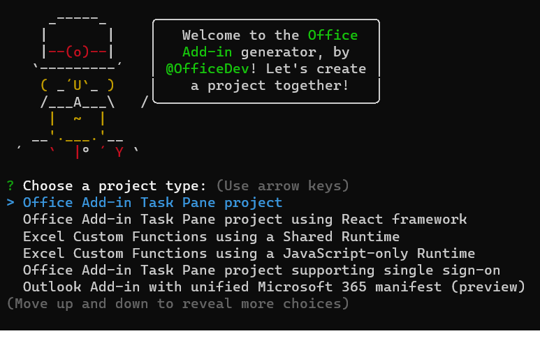 Screenshot showing the prompt for project type, and the possible answers, in the Yeoman generator.