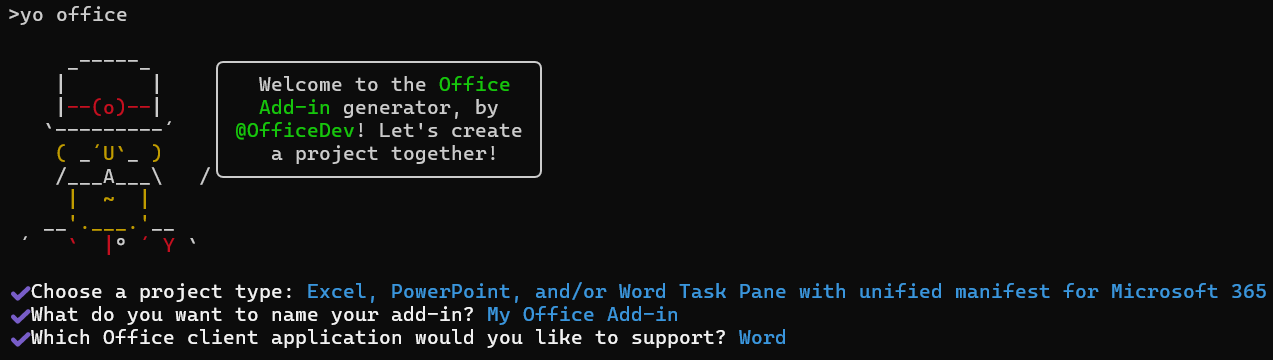 The prompts and answers for the Yeoman generator in a command line interface when the unified manifest is selected.