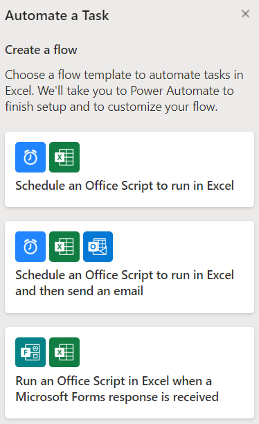A task pane showing flow template options such as 'Schedule an Office Script to run in Excel and then send an email' and 'Run an Office Script in Excel when a Microsoft Forms response is received'.