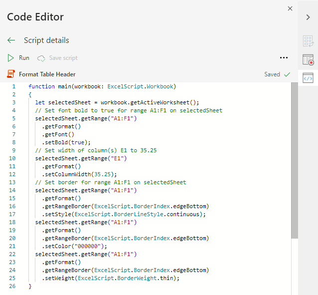 The Code Editor showing the script code used in this tutorial.