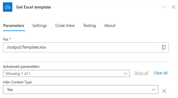 The completed OneDrive for Business connector in Power Automate, renamed to be Get Excel template.