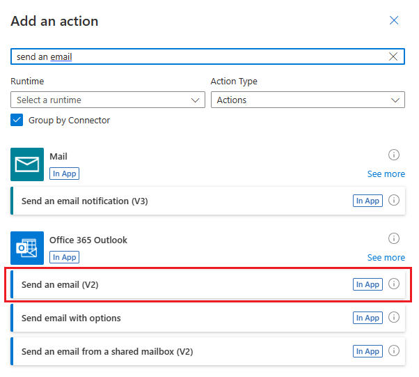 The action selection task pane showing actions for the Office 365 Outlook connector. The Send an email (V2) action is highlighted.