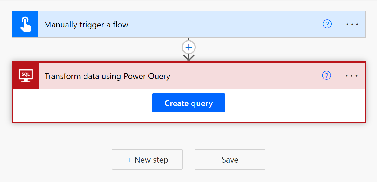 A screenshot that shows the SQL Server connector in the flow designer. The connector is using the Transform data using Power Query action.