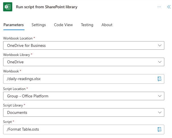 The Run script from SharePoint library action with completed fields that show the workbook location is 'OneDrive for Business', the workbook library is 'OneDrive', the workbook is 'daily-readings.xlsx', the script location is 'Group - Office Platform', the script library is 'Documents', and the script is named 'Format Table'.
