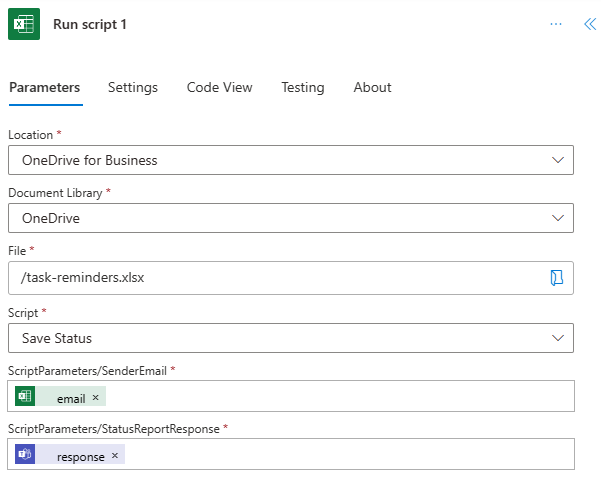 A screenshot that shows the Excel Online (Business) connector in the flow designer. The connector is using the Run script action to take input from a Teams Adaptive Card and provide it to a script.