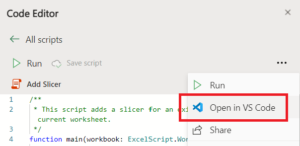 The Open in VS Code option being selected from a list next to an open script.