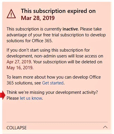 Screenshot of the subscription expiration text box with the let us know link highlighted