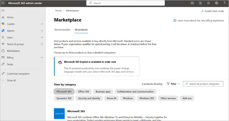 Microsoft 365 admin center marketplace