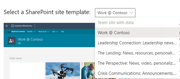 Screenshot of the SharePoint template selection screen